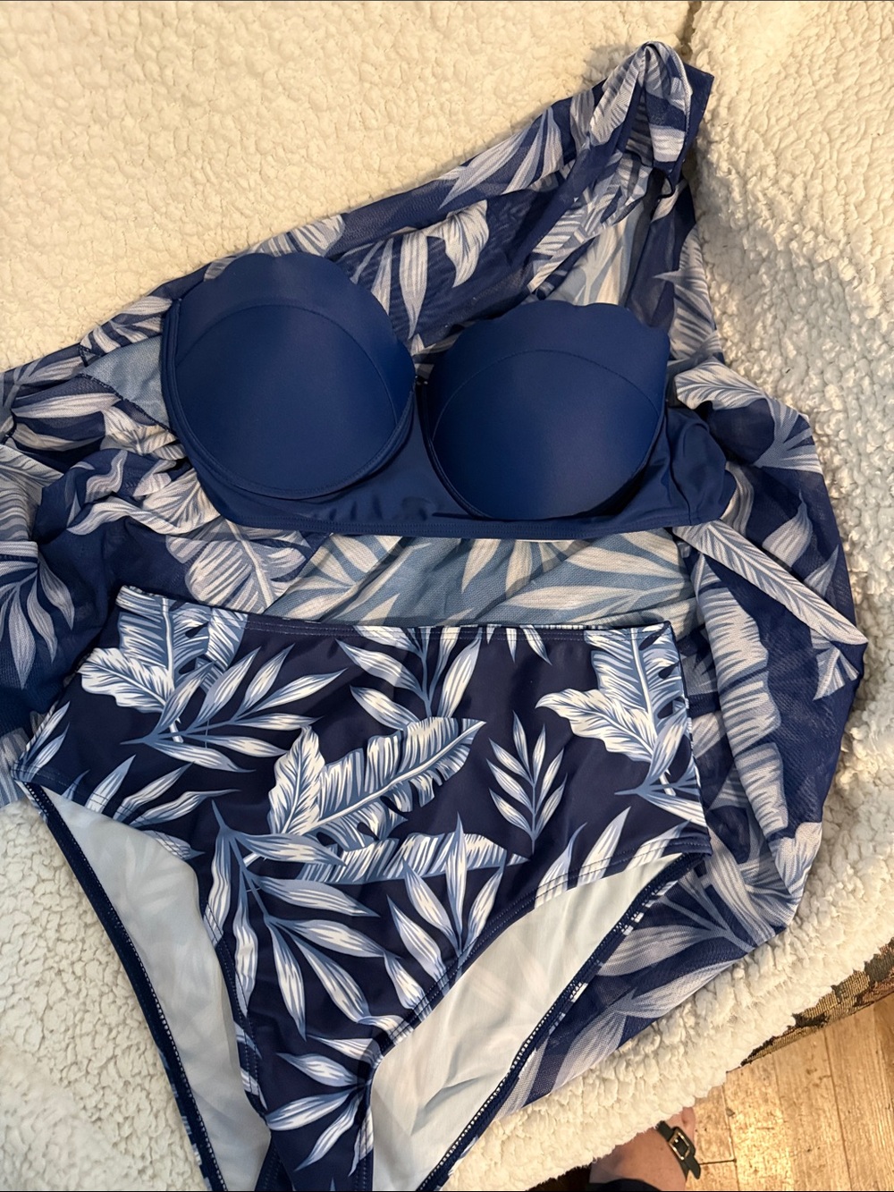High-Waist Blue Leaf Print Bikini Set - Women Swim